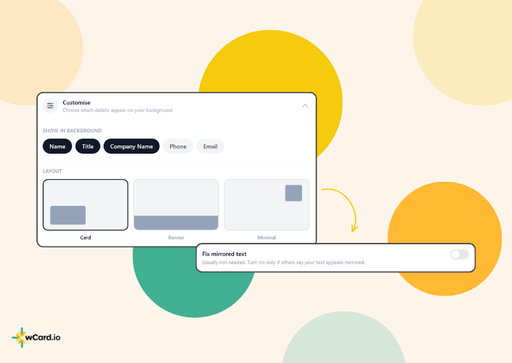 wCard virtual background customisation screen showing contact field toggles and layout selector